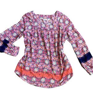 Caffe Marrakesh L BOHO Mixed Pattern India Barbiecore Peasant Blouse 106L